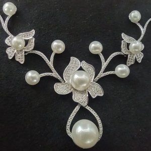 Freshwater Pearl CZ Floral Bridal Pave Necklace